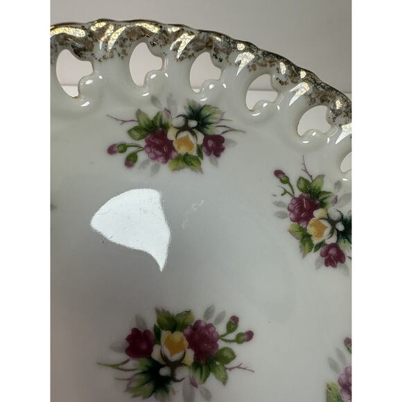 VTG Japan Ucagco Pedestal Flower Plate Gold Trim Cottagecore Wedding Baby Shower - Picture 7 of 9